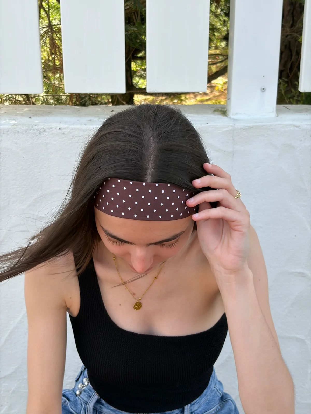 Bandeau bandeaux à pois marron foncé, cousu main en France par Le fil de Jade