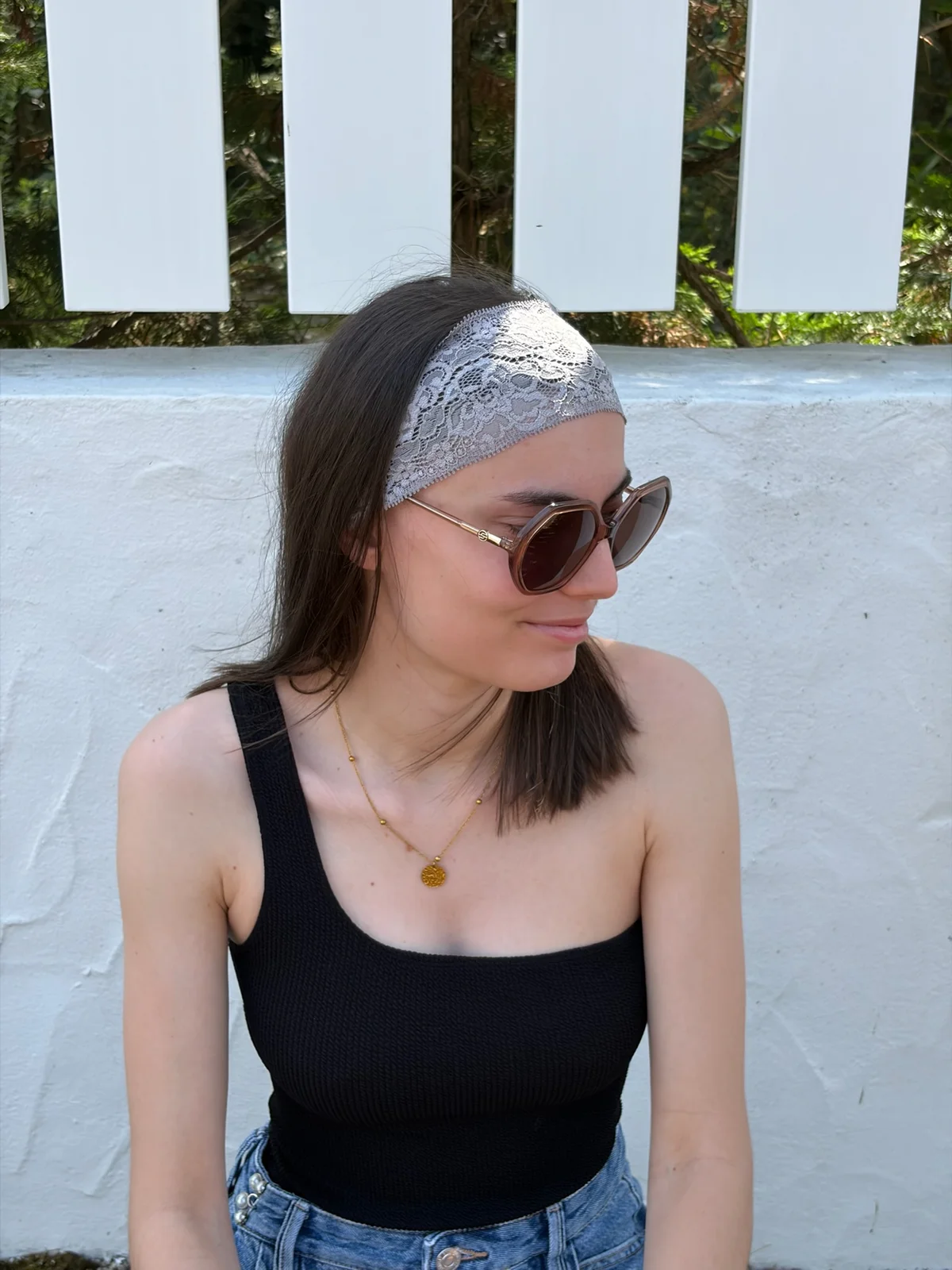 Bandeau bandeaux dentelle gris clair, cousu main en France par Le fil de Jade