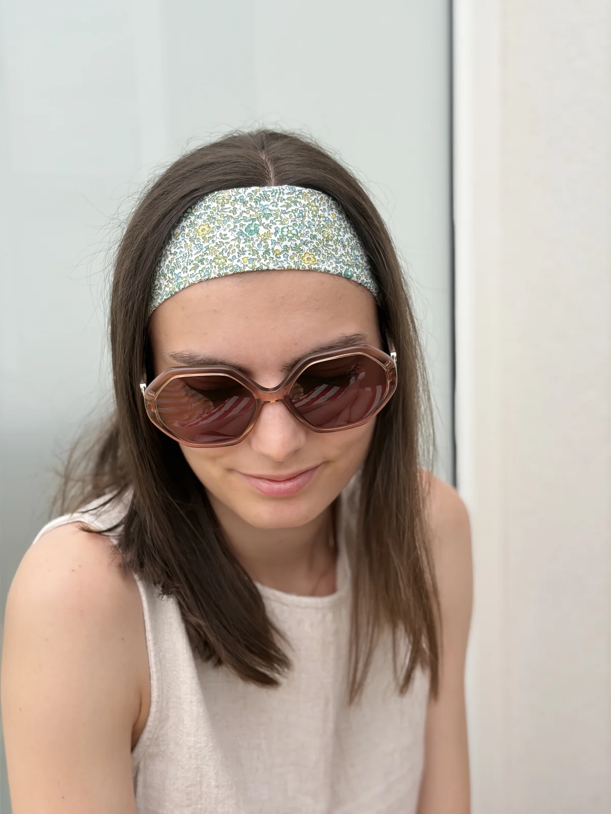 Bandeau bandeaux liberty fleurs vertes, cousu main en France par Le fil de Jade