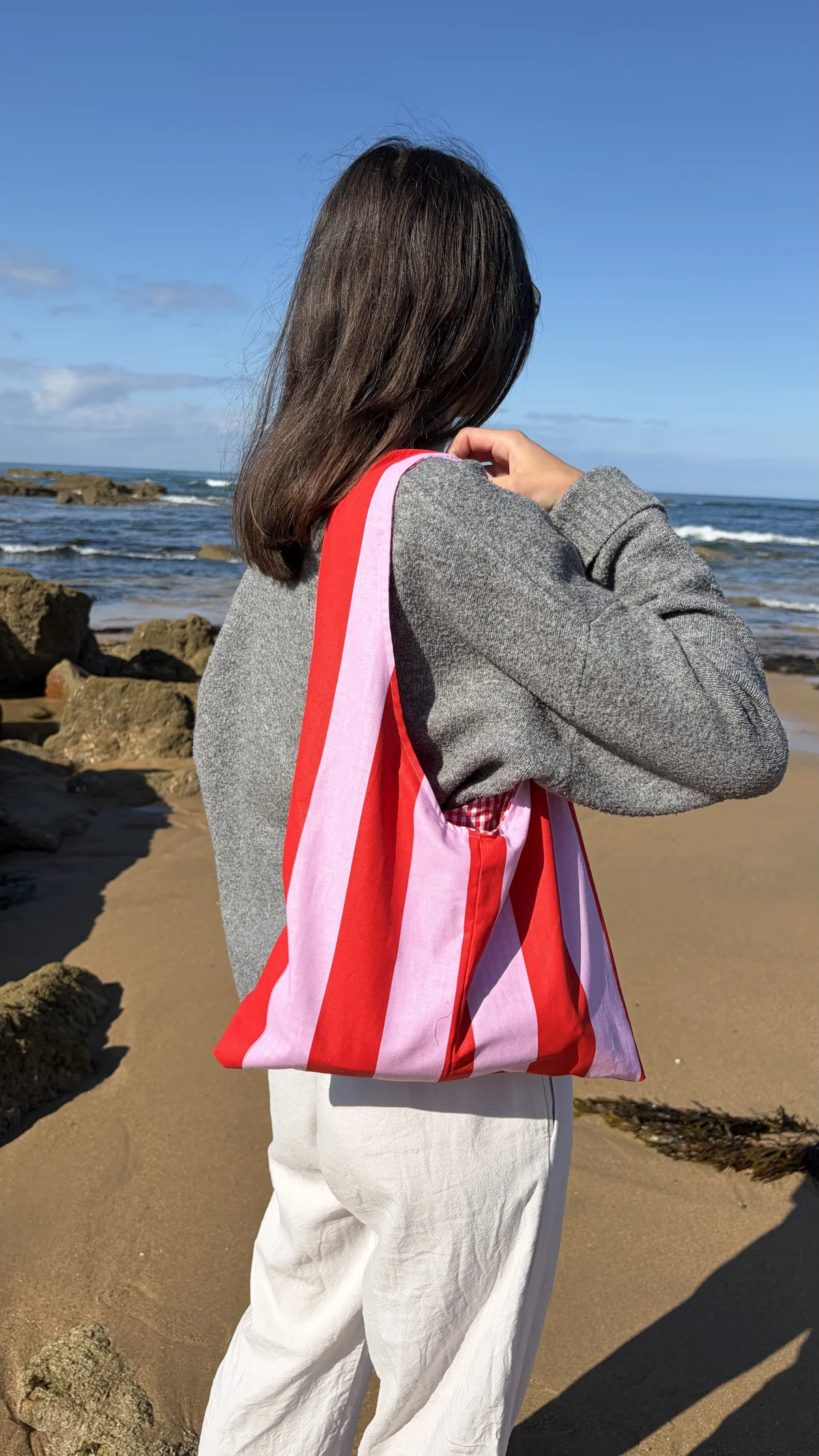 Cabas rayures rose/rouge, cousu main en France par Le fil de Jade