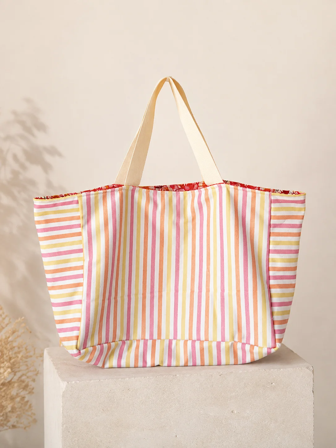 Sac de plage éponge rayures orange/jaune/rose, cousu main en France par Le fil de Jade