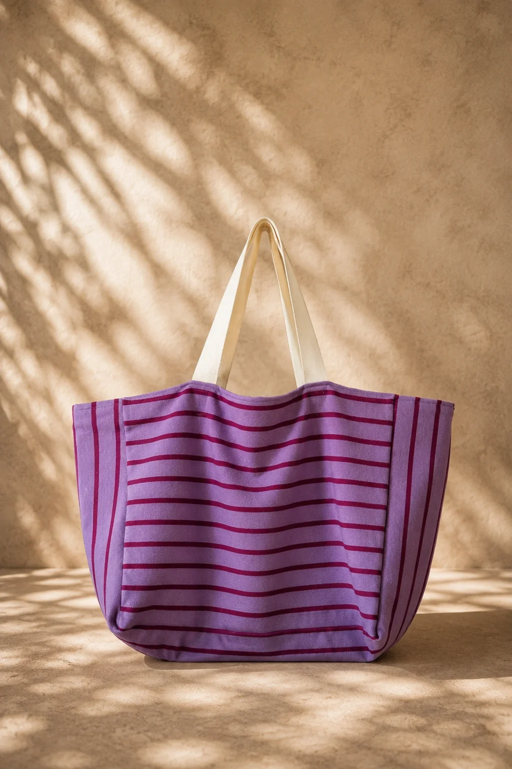 Sac de plage éponge rayures violettes, cousu main en France par Le fil de Jade